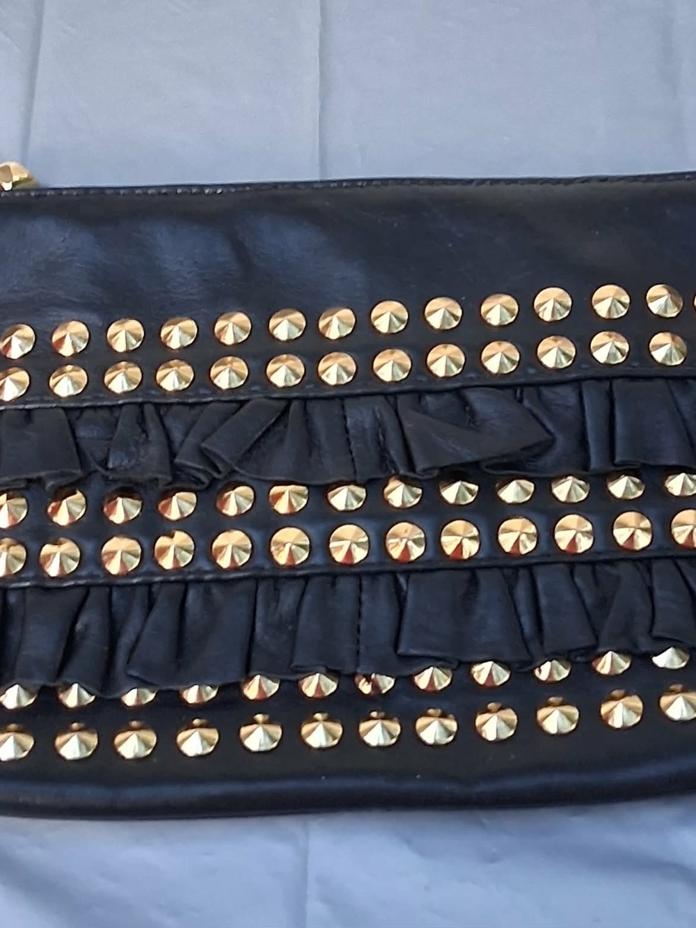 Betsey Johnson Black Clutch with Gold Studs and Ruffle Detail
